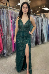 Sparkly Dark Green Tulle Sequin Detachable Train Prom Dress with Slit