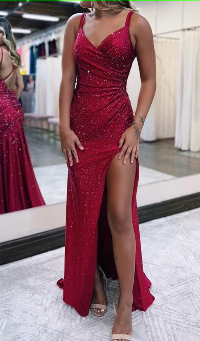 sparkly dark red one shoulder sheath long prom dress with slit