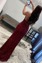 sparkly dark red sequins long prom dress with slit