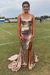 Sparkly Golden Sequins Mermaid Long Prom Dress with Fringes