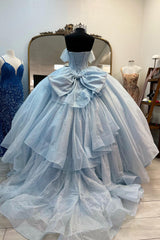 Light Blue Prom Dress Off the Shoulder Tulle Long Corset Evening Dress with Bow