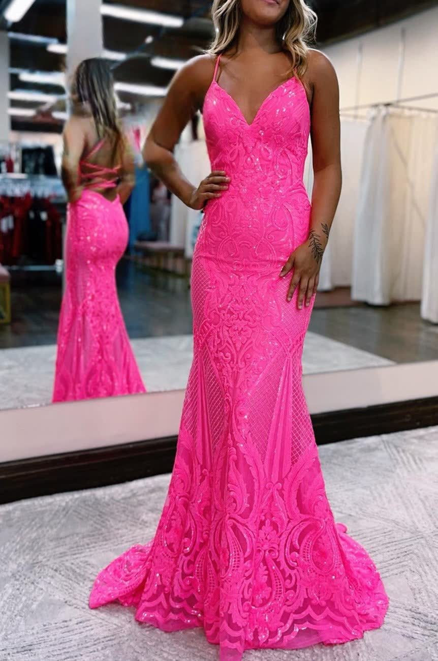 sparkly mermaid backless hot pink sequins long prom dress