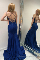 Sparkly Navy Beaded Mermaid Backless Long Prom Dress