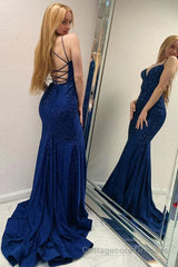 Sparkly Navy Beaded Mermaid Backless Long Prom Dress