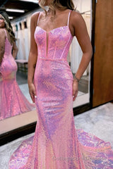 Sparkly Pink Sequin Long Mermaid Corset Prom Dress