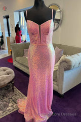 Sparkly Pink Sequin Long Mermaid Corset Prom Dress