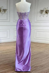 Purple Prom Dresses Strapless Mermaid Corset Long Evening Dresses with Slit