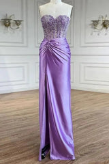 Purple Prom Dresses Strapless Mermaid Corset Long Evening Dresses with Slit