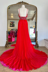 Red Prom Dresses A Line Chiffon Long Evening Dresses with Slit