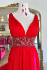 Red Prom Dresses A Line Chiffon Long Evening Dresses with Slit