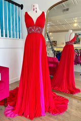 Red Prom Dresses A Line Chiffon Long Evening Dresses with Slit