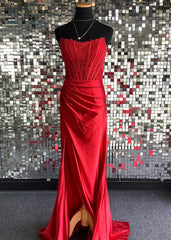 Red Sheath Strapless Corset Satin Prom Dresses with Slit