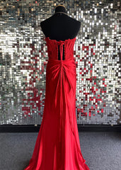 Red Sheath Strapless Corset Satin Prom Dresses with Slit