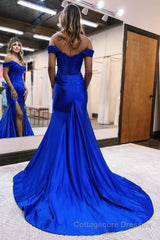 Sparkly Royal Blue Corset Detachable Neck Mermaid Long Prom Dress with Slit