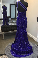 Sparkly Royal Blue Sequins One Shoulder Long Prom