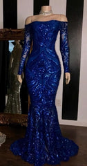 Sparkly Sequined Mermaid African Prom Dresses Royal Blue Long Sleeve Graduation Formal Dresses Plus Size Evening Gowns