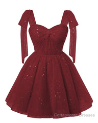 Sparkly Starry Burgundy Tulle Short Homecoming Dresses Spaghetti Bow Straps Prom Dress Sequin Cocktail Party Dress for Teens