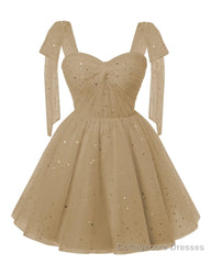 Sparkly Starry Champagne Tulle Short Homecoming Dresses Spaghetti Bow Straps Prom Dress Sequin Cocktail Party Dress for Teens