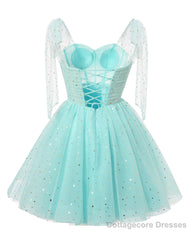 Sparkly Starry Mint Green Tulle Short Homecoming Dresses Spaghetti Bow Straps Prom Dress Sequin Cocktail Party Dress for Teens