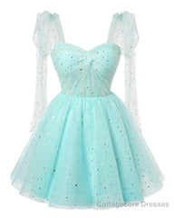 Sparkly Starry Mint Green Tulle Short Homecoming Dresses Spaghetti Bow Straps Prom Dress Sequin Cocktail Party Dress for Teens