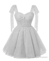 Sparkly Starry Silver Gray Tulle Short Homecoming Dresses Spaghetti Bow Straps Prom Dress Sequin Cocktail Party Dress for Teens