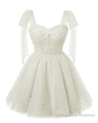 Sparkly Starry White Tulle Short Homecoming Dresses Spaghetti Bow Straps Prom Dress Sequin Cocktail Party Dress for Teens