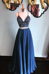 Sparkly Two Piece Sequins Beaded Long A-Line Prom Dresses