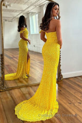 Sparkly Yellow Detachable Straps Mermaid Sequins Prom Dress with Slit