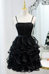 Special Black Ruffled Short Homecoming Dresses with Spaghetti Straps