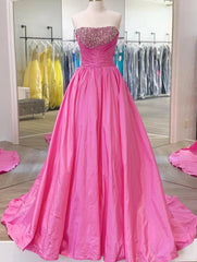 Strapless A Line Long Prom Dresses with Beading