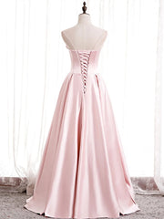 Strapless A-line Pink Satin Prom Dresses, Pink Satin Long Party Dresses