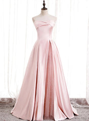 Strapless A-line Pink Satin Prom Dresses, Pink Satin Long Party Dresses