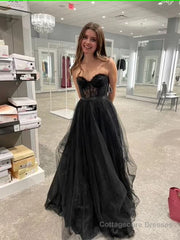 Strapless A Line Tulle Prom Dress Black Lace Evening Gown