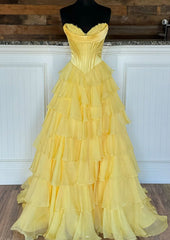 Strapless Ball Gown Long Prom Dresses with Ruffle Skirt