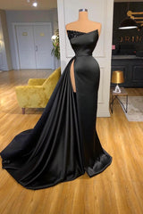 Strapless Black Prom Dresses High Split With Beads