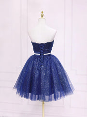 Strapless Dark Blue Short Prom Dresses, Short Dark Blue Graduation Homecoming Dresses