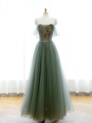 Strapless Green Tulle Floral Long Prom Dresses, Green Tulle Floral Formal Evening Dresses