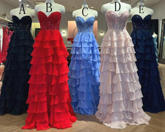 Strapless Long Prom Dresses with Lace Top and Ruffle Skirt