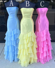 Strapless Mermaid Long Prom Dresses with Chiffon Ruffle Skirt