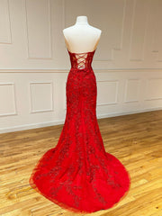 Strapless Red Lace Mermaid Long Prom Dresses, Red Mermaid Long Lace Formal Evening Dresses