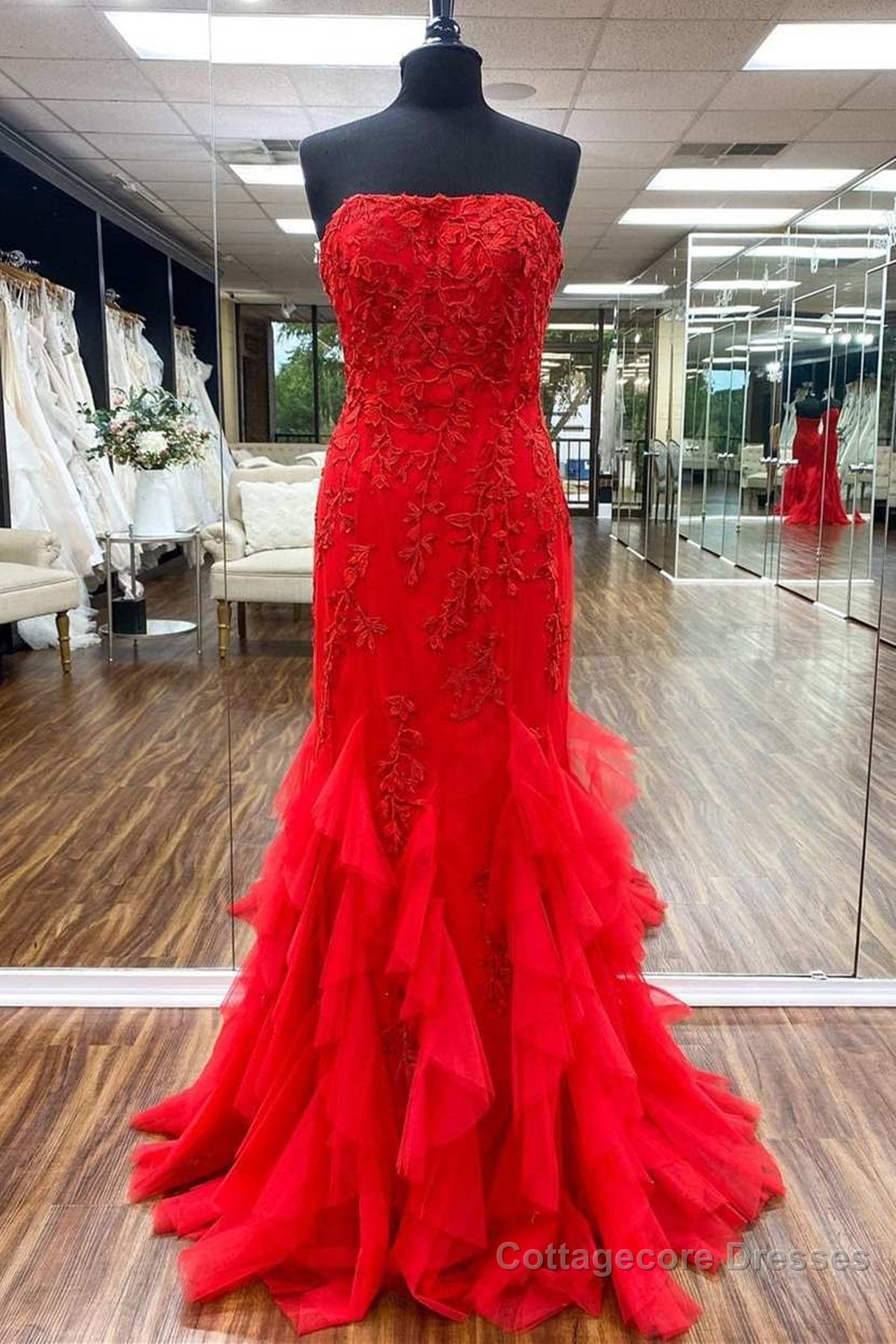 Strapless Red Mermaid Lace Prom Dresses, Red Mermaid Lace Formal Evening Dresses