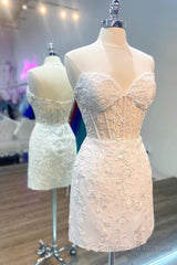 Strapless Short White Lace Prom Dresses, Short White Lace Formal Homecoming Dresses