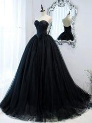 Strapless Sweetheart Neck Black Tulle Prom Dresses, Black Tulle Formal Gowns