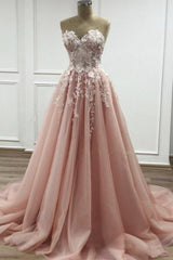 Strapless Sweetheart Neck Pink Lace Appliques Long Prom Dresses,Floral Formal Dresses,Fashion Evening Dresses