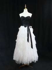 Strapless White Tulle Black Beaidng Prom Dresses