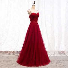 Straps Dark Red Beaded Sweetheart Long Formal Dress, Junior Prom Dress