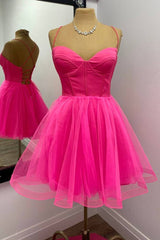 Straps Hot Pink Lace-Up A-Line Homecoming Dresses