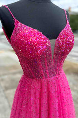 Straps Neon Pink Beaded A-Line Long Formal Dresses