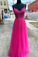 Straps Neon Pink Beaded A-Line Long Formal Dresses