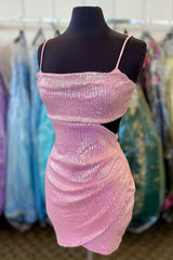 Straps Pink Sequin Tight Homecoming Dresses